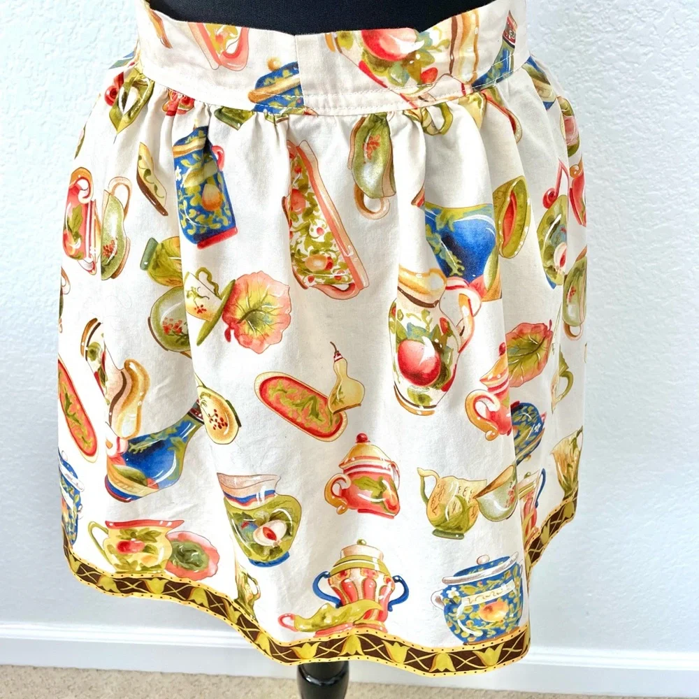 Vintage Cream Half Apron with Colorful Teapot & Utensil Motif